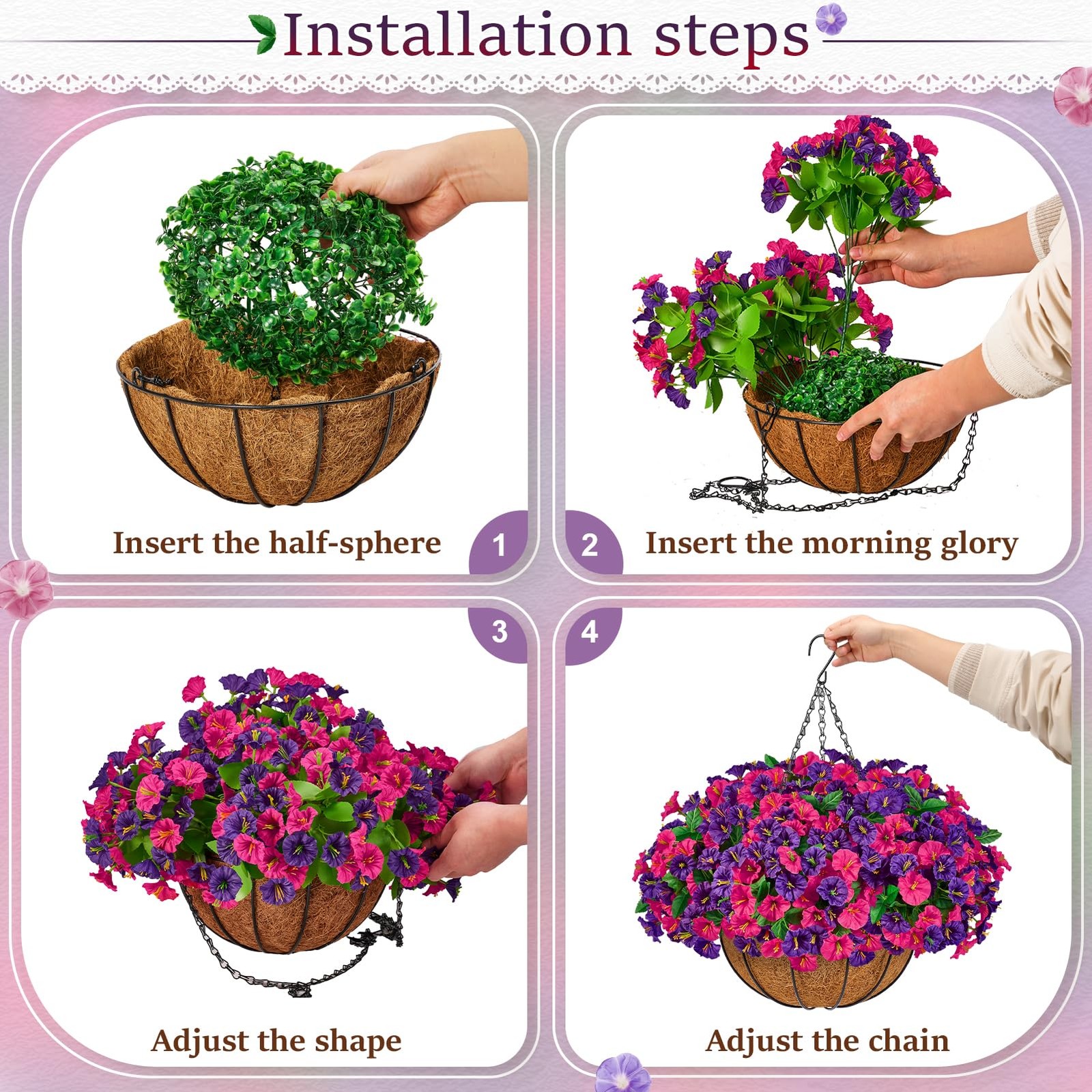TTQ Set of 2 Artificial Hanging Flower Baskets for Outdoor Decor, 16 Bundles Fau