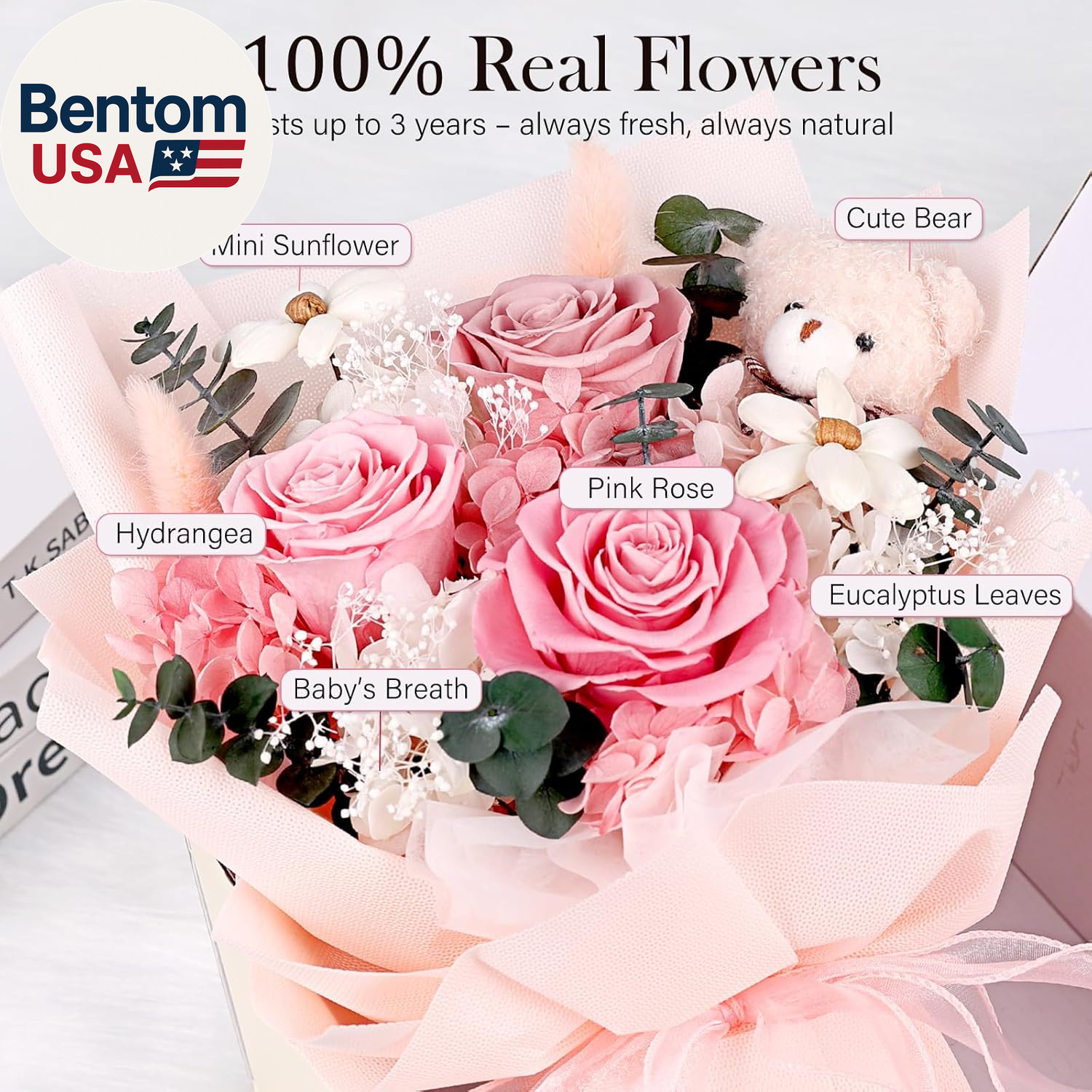 Preserved Flowers Bouquet with Bear, 3 Real Forever Flowers for Delivery, Long-L