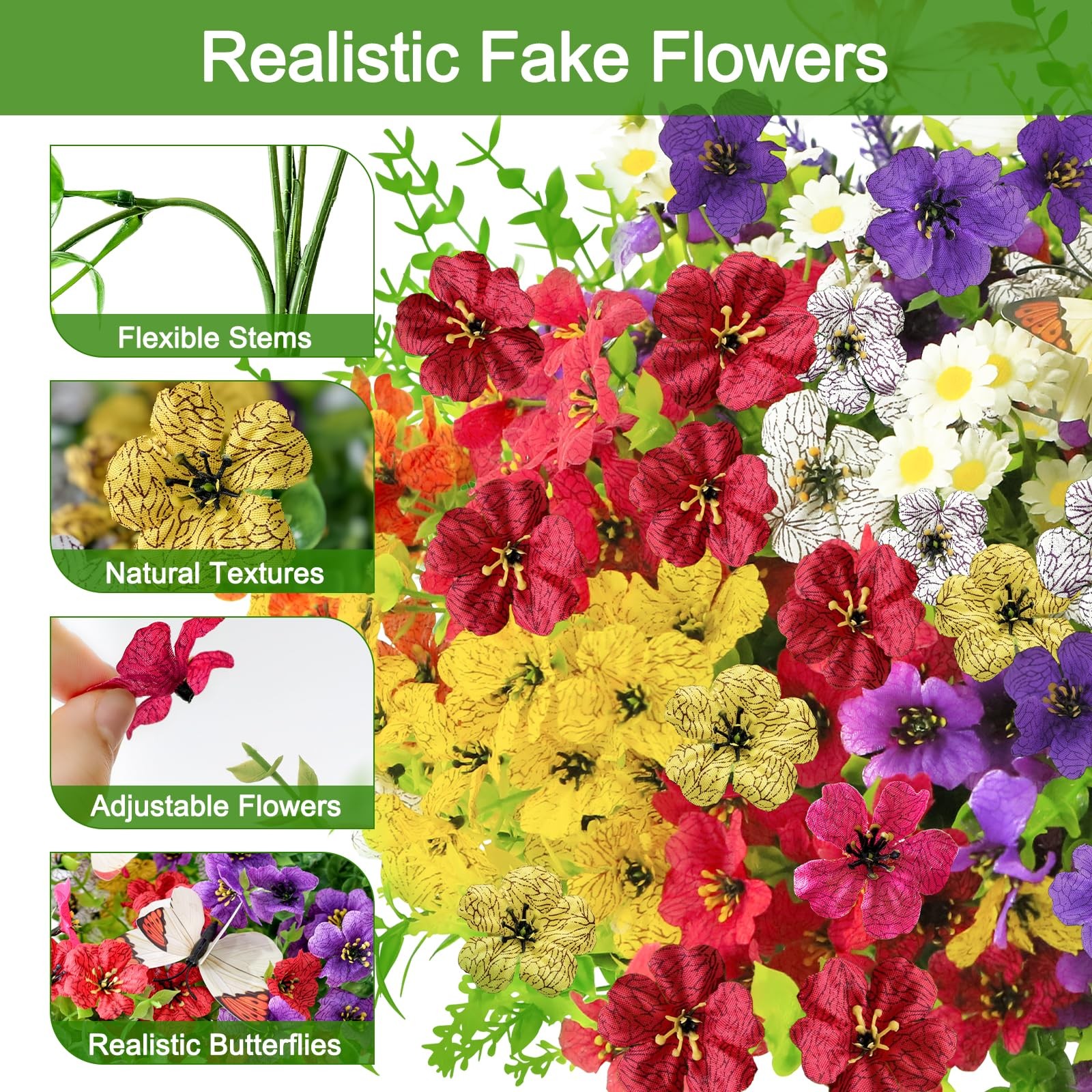 36pcs Artificial Flowers for Outdoors Include 12 Butterflies, UV Resistant Fa…