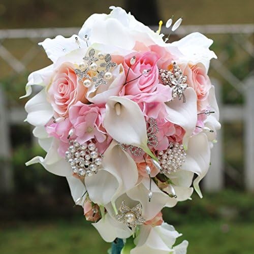 IFFO Calla Lilies 11-inch Simulation Rose Diamonds Pearl Bride Wedding Bouque…