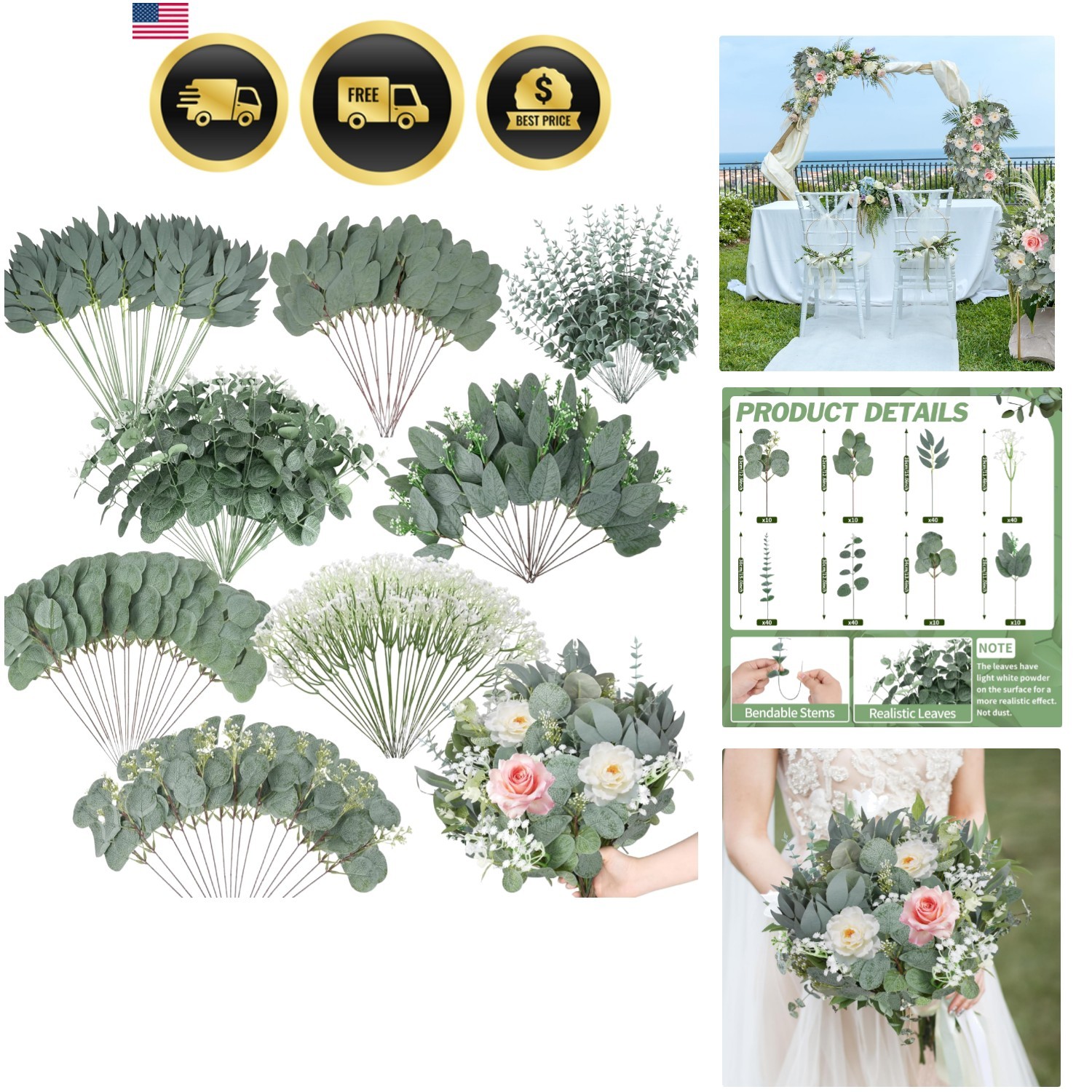 Artificial Eucalyptus Stems 200 Pack Faux Greenery for DIY Bouquets Floral Decor