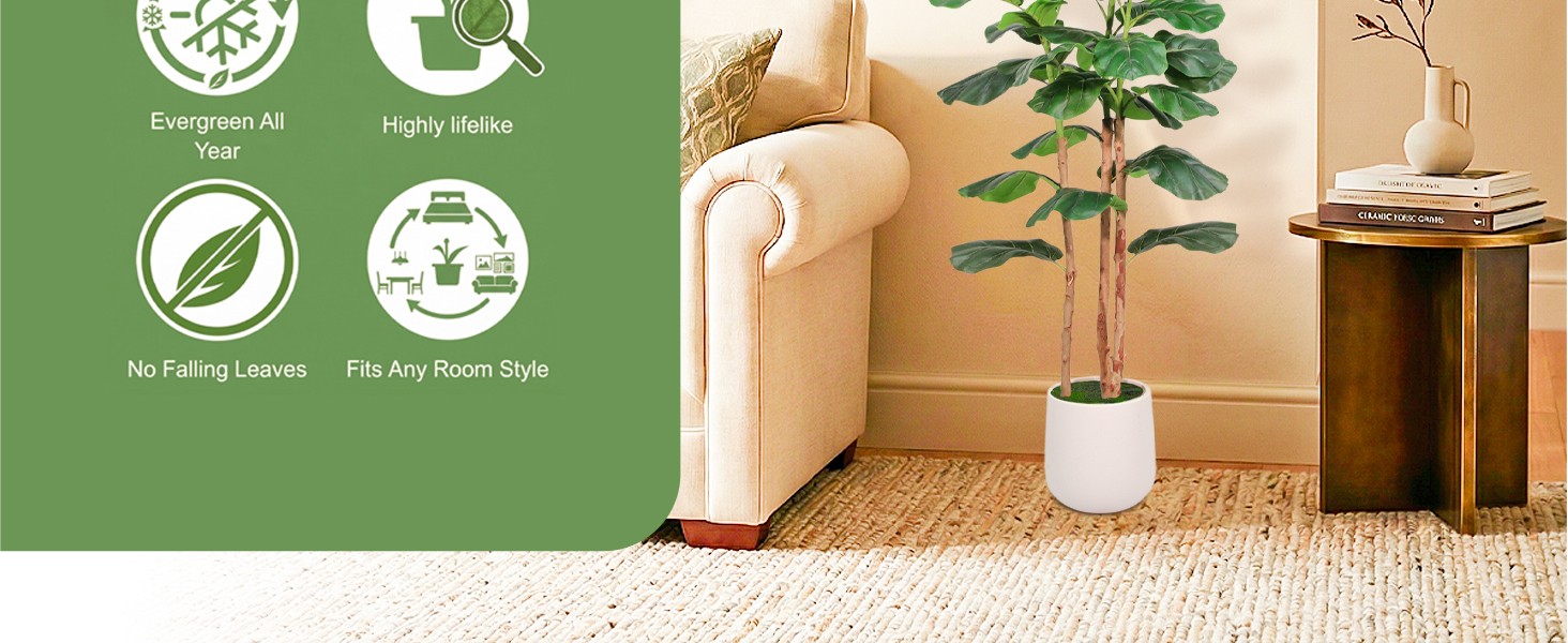 Artificial Fiddle Leaf Fig Tree with White Planter, 5ft Tall Faux Ficus Tree
