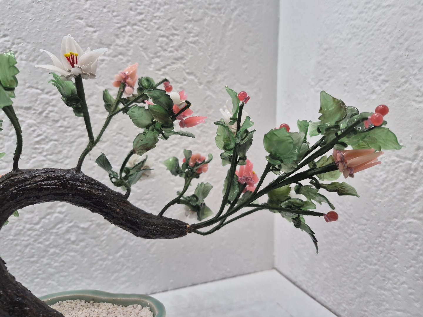 Vintage Chinese Glass Stone Jade Cherry Blossom Bonsai Tree Pink & White Flowers