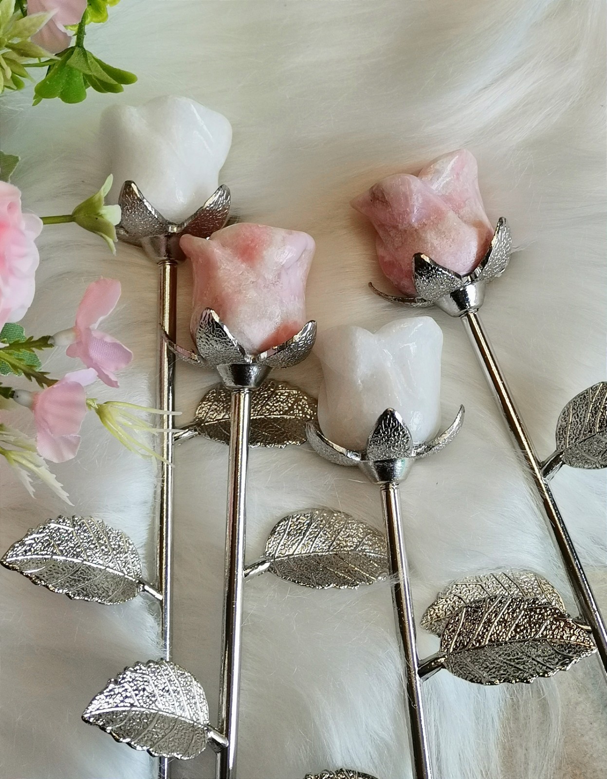 Pink Opal and White Jade rose with silver stem , Decorative Collectible