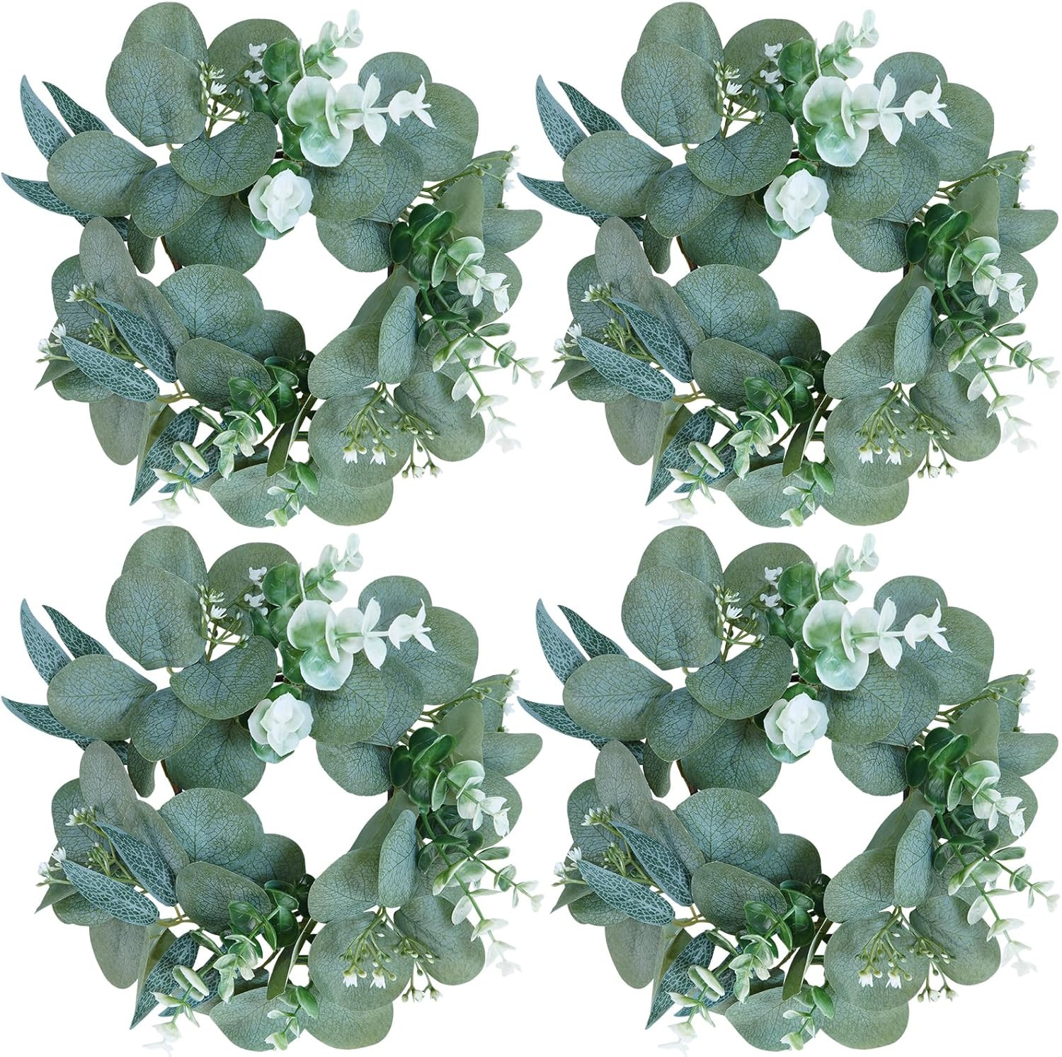 Artificial Eucalyptus Candle Rings – Set of 4 Greenery Wreaths for Holders