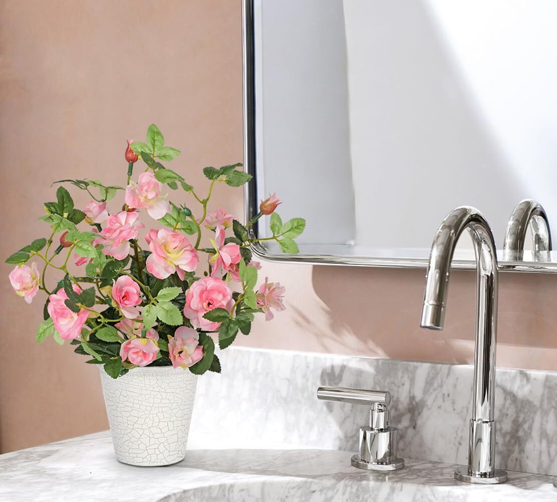 Artificial Plants & Flowers in Vase Pink Roses Small Faux Flower Plant Arrang…