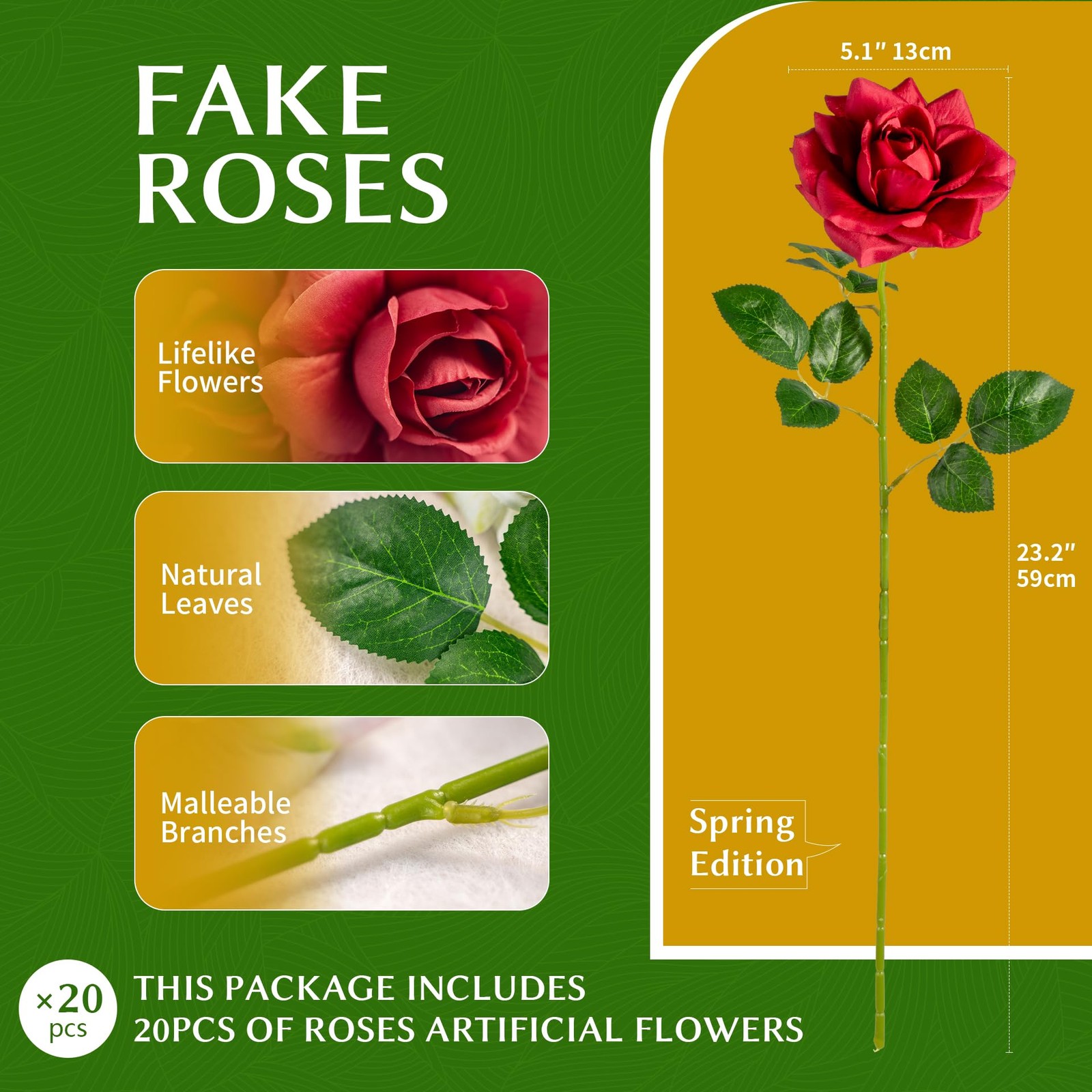 Artificial Flowers Artificial Roses Fake Roses 20PCS Long Stem Artificial Flo…