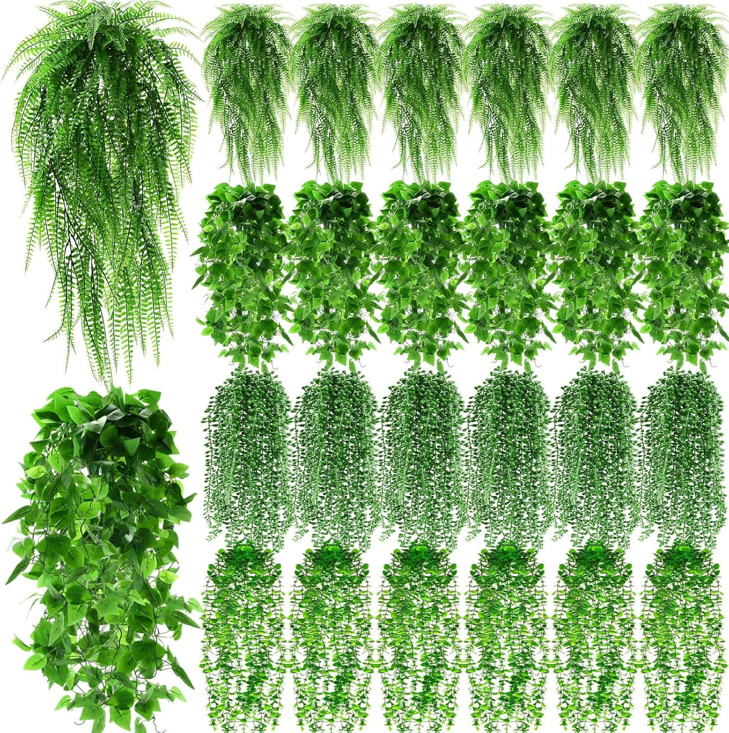 48 Pcs Fake Hanging Plants – Ferns, Ivy, Eucalyptus & More for Indoor/Outdoor De
