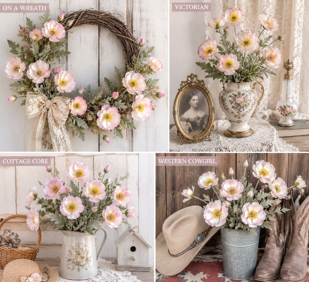 Pink Poppy Stem Faux Poppy Flowers Artificial Wildflower Spray Cottagecore Flora