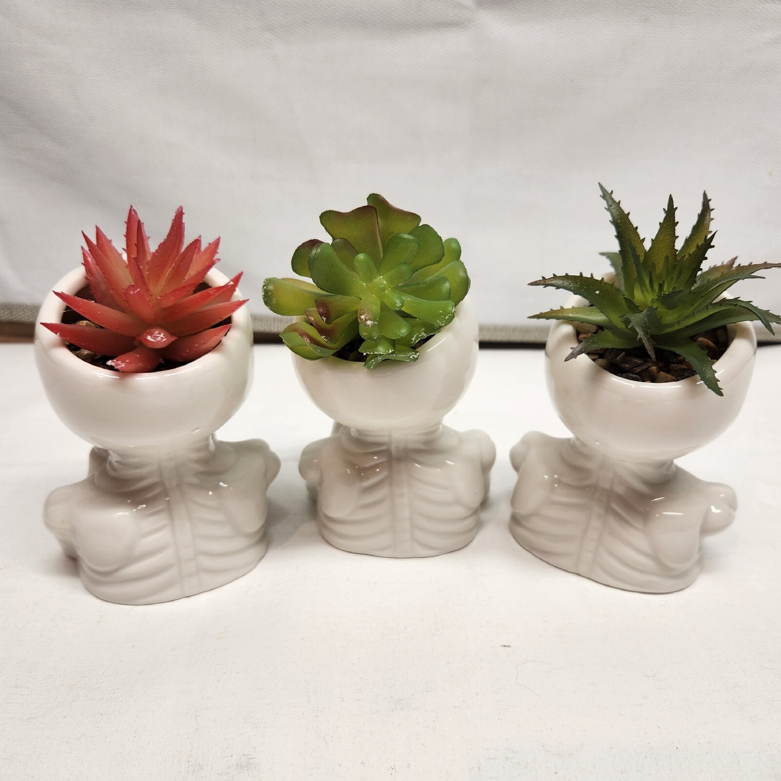 unique ceramic skull Faux planters glossy white finish playful skeleton design