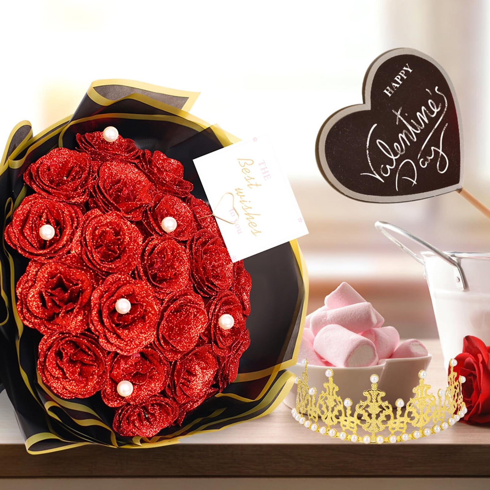 Glitter Roses Bouquet Red Roses Artificial Flowers with Flower Wrapping Paper…