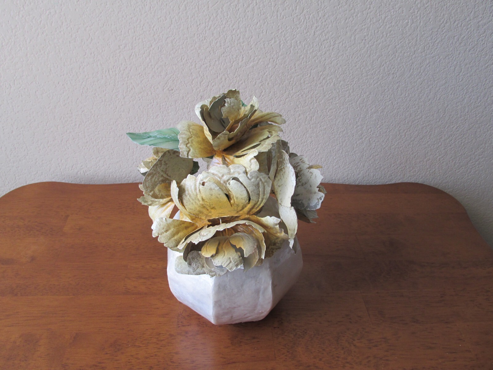 Metal Flower Arrangement 11” Tall Off white, Yellow, green with a meta Vase