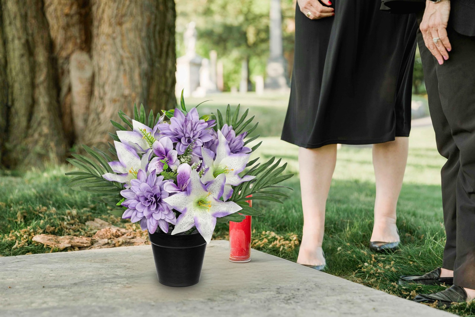 Artificial Cemetery Flower for Graves, White Purple Faux Lily Dahlia Flowers …