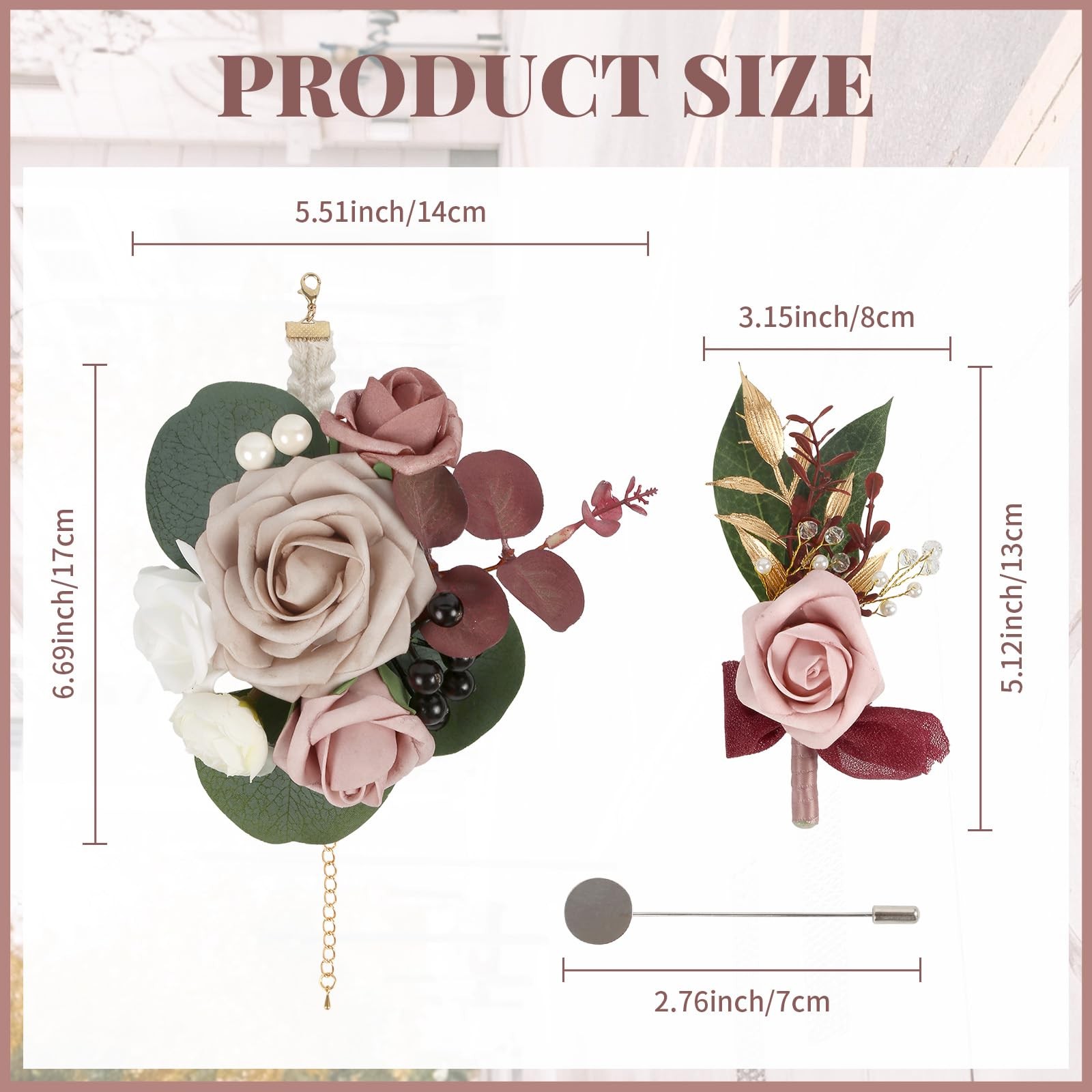 2 PCS Dusty Pink Rose Wedding Corsage Boutonniere Set Wristlet Prom Decor