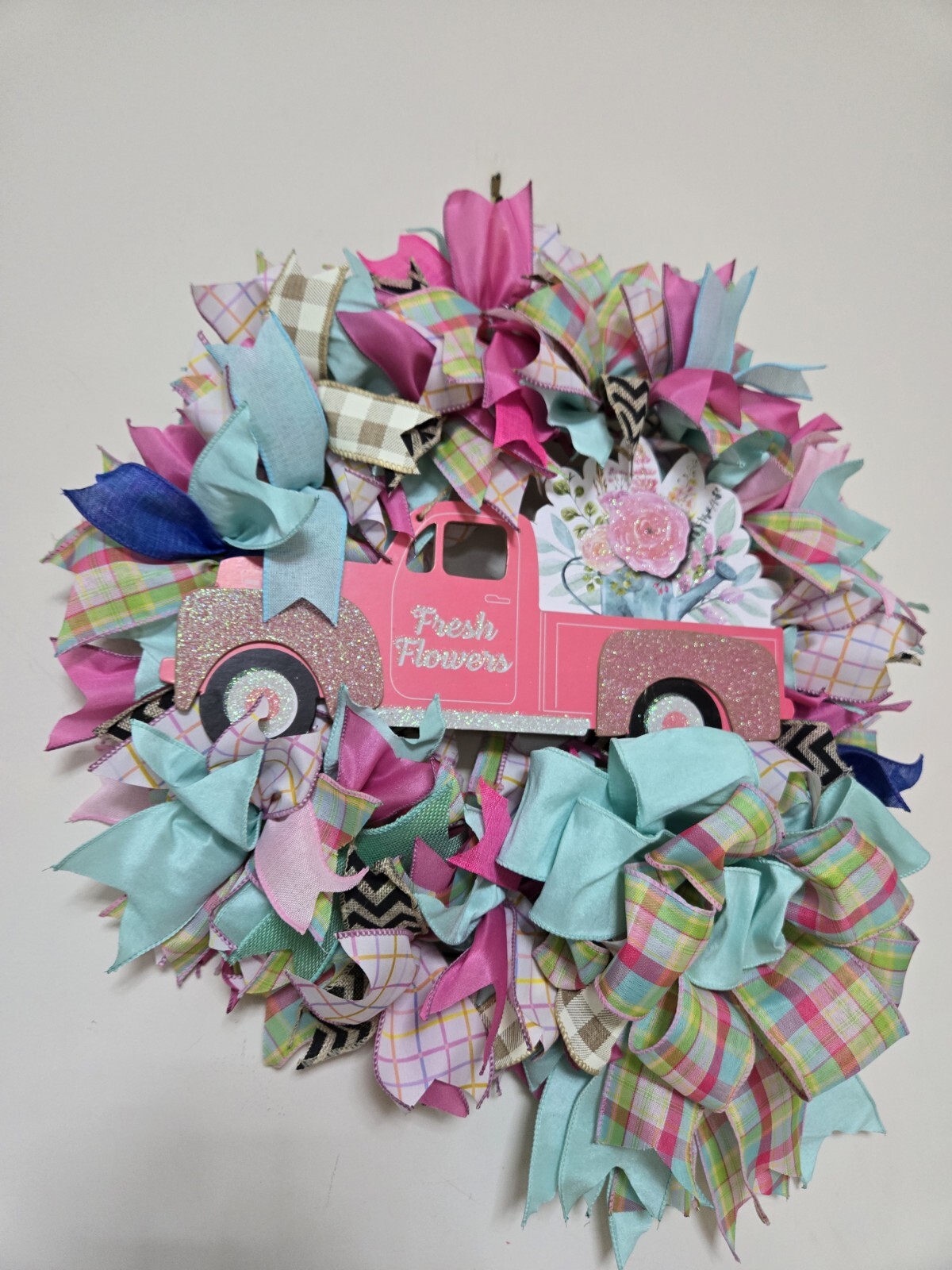 FRESH FLOWERS pink Truck WREATH Spring SUMMER Fall Front Door Wall Decor BIG BOW