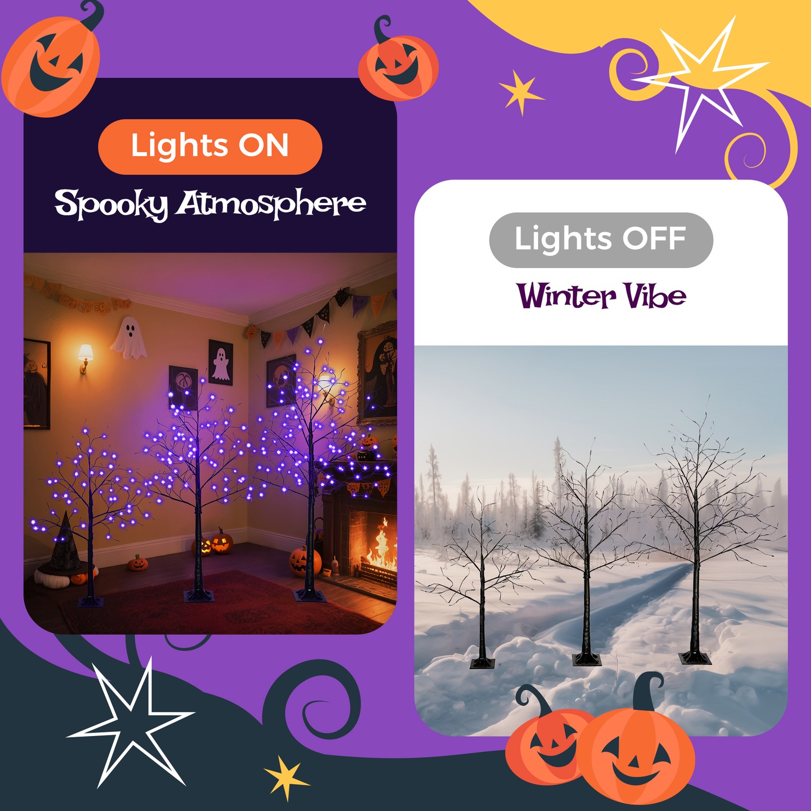 3 Pac Halloween Spooky Tree with Purple Lights, 4FT 5FT and 6FT, Lighted Tree