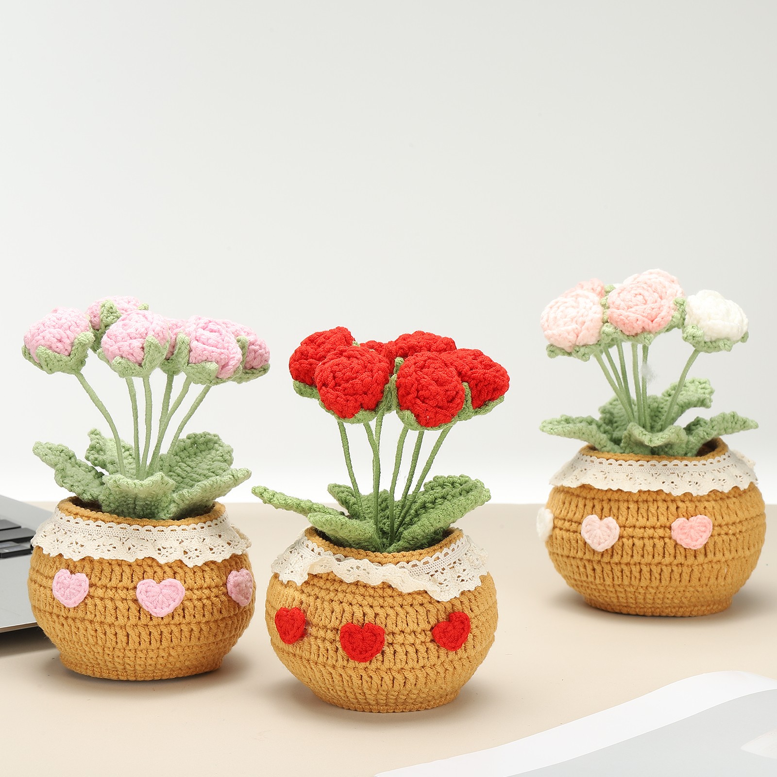 Crochet Flowers Rose Artificial Flowers Little Potted 6 Flowers Gradient Pink