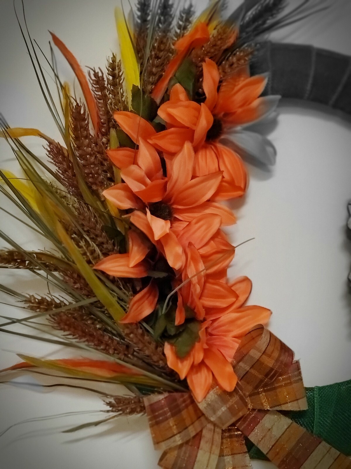 BLESSED wreath Asters Wheat orange Green burlap mesh FALL AUTUMN Decor Door 15″