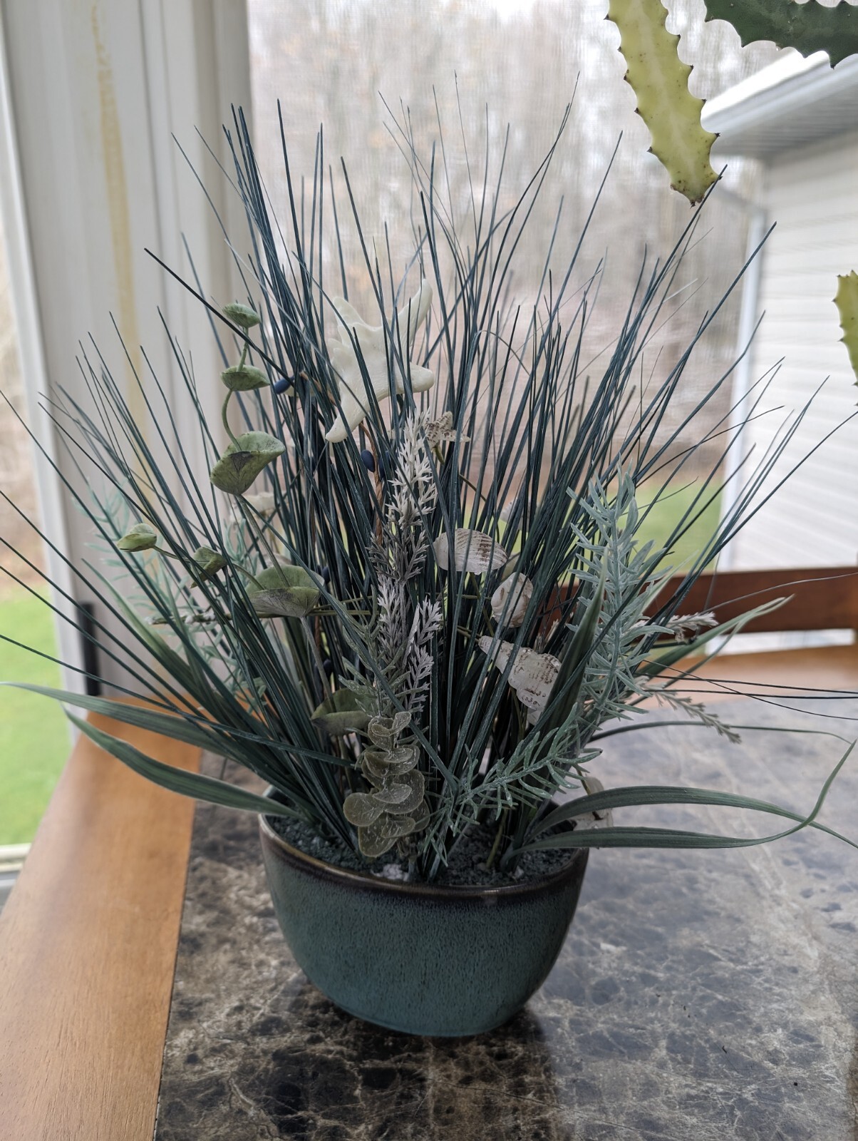 Artificial Onion Grass with Sea Shells Aqua Speckled Stoneware Ceramic Pot 14″