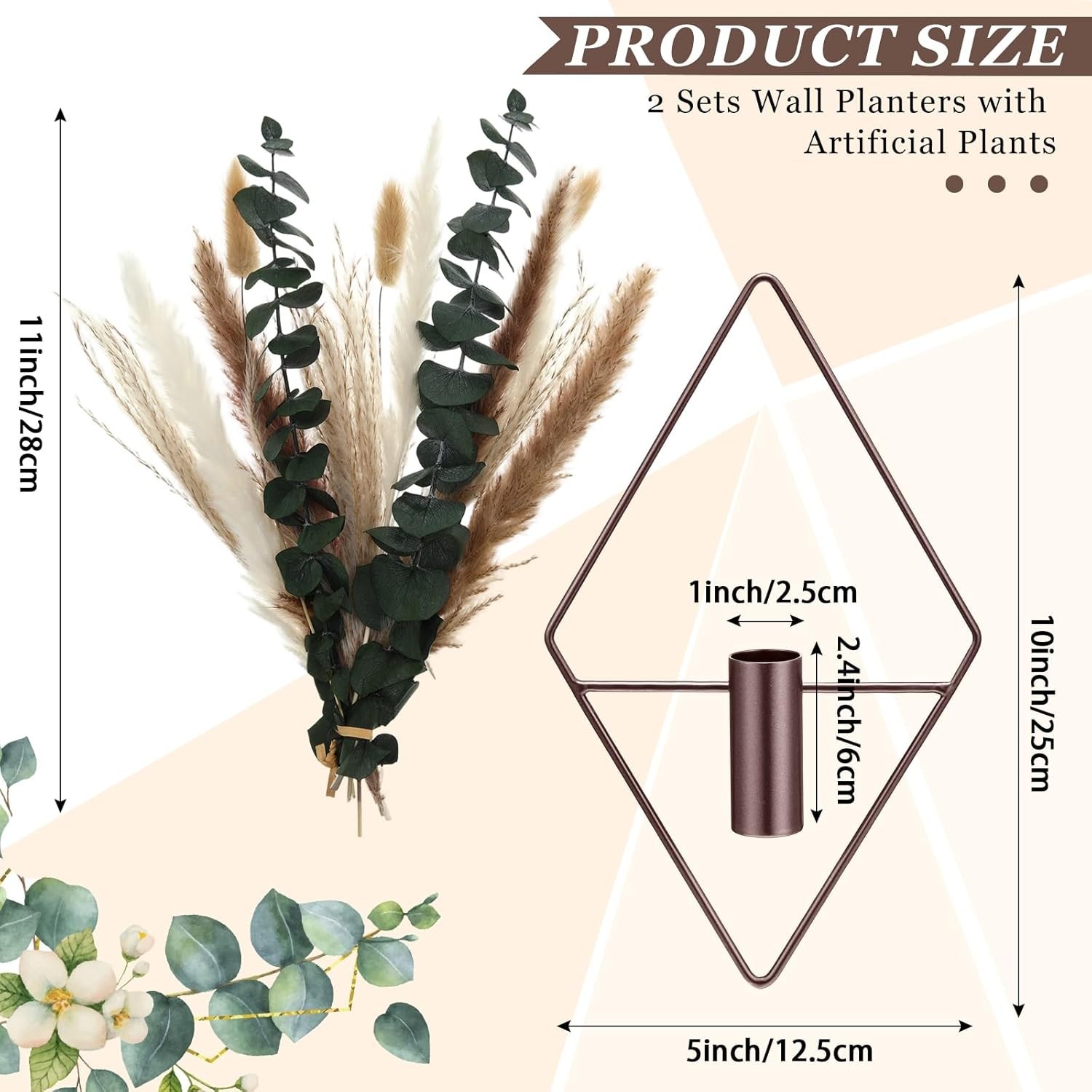 4 Pcs Hanging Planters with Artificial Pampas Metal Hanging Vase Indoor Plant…