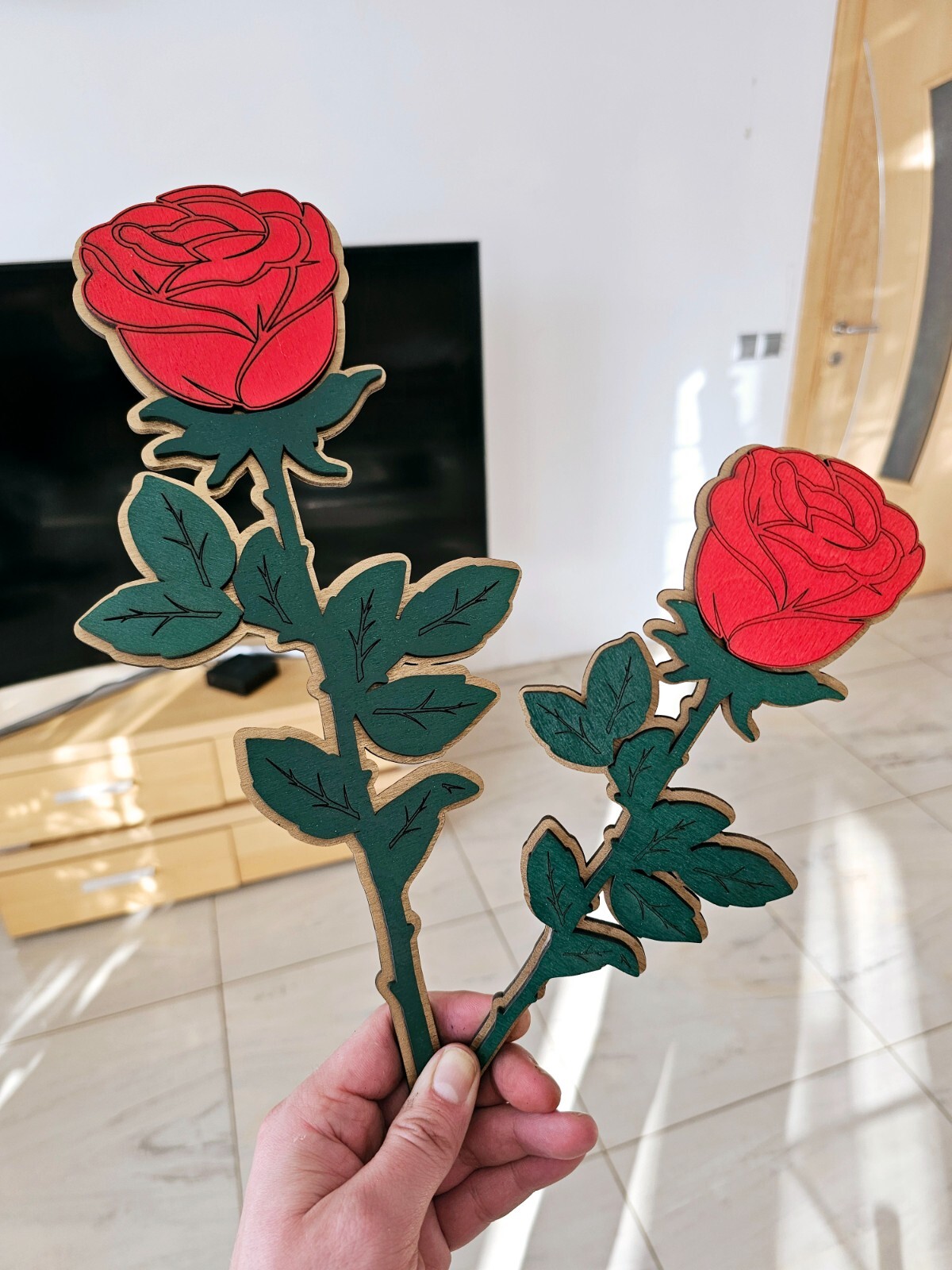 Oversized Wooden Rose – Personalized Large Decorative Red Rose with Gold Base
