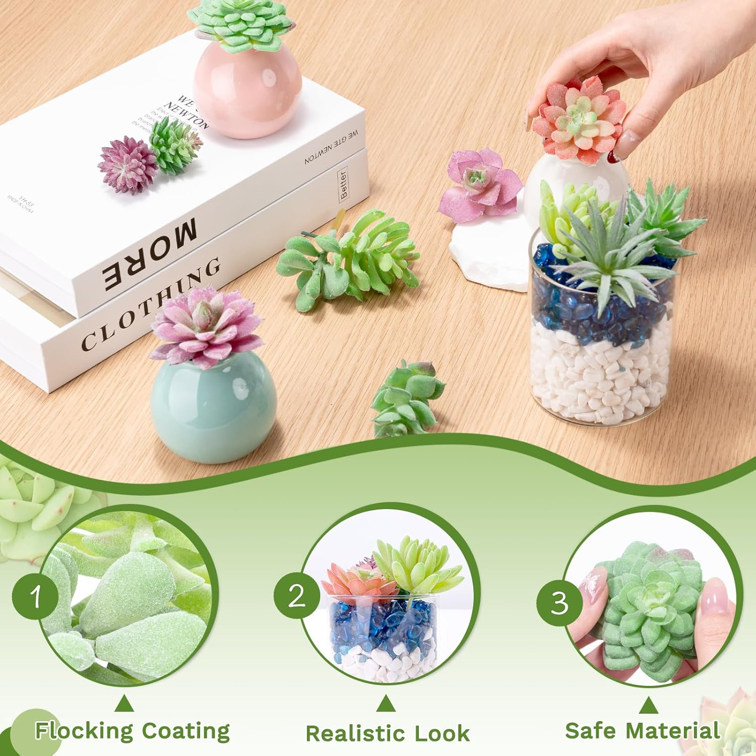 12 Pack Realistic Flocked Artificial Succulents, Faux Plastic Succulents Mini Fa