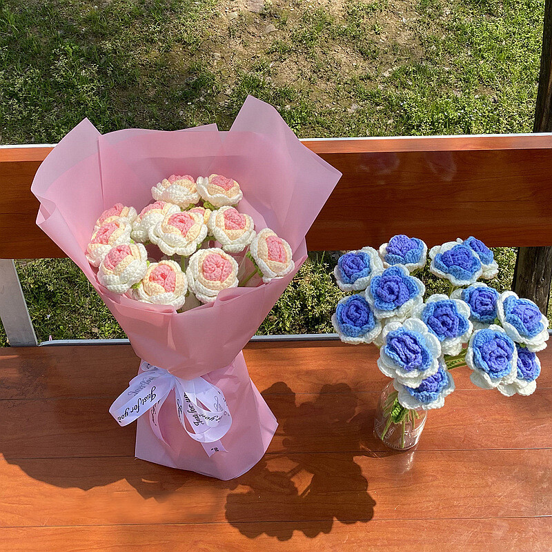 Handmade Crochet Flower Knitted Rose Flowers Woven Bouquet Wedding Decoration x1