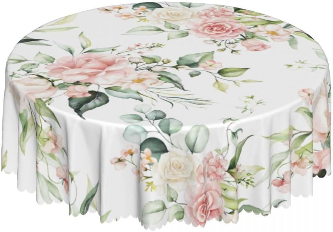 Eucalyptus Leaves Floral Table Cloths, Rustic Watercolor Pink Flower Leaves Sage