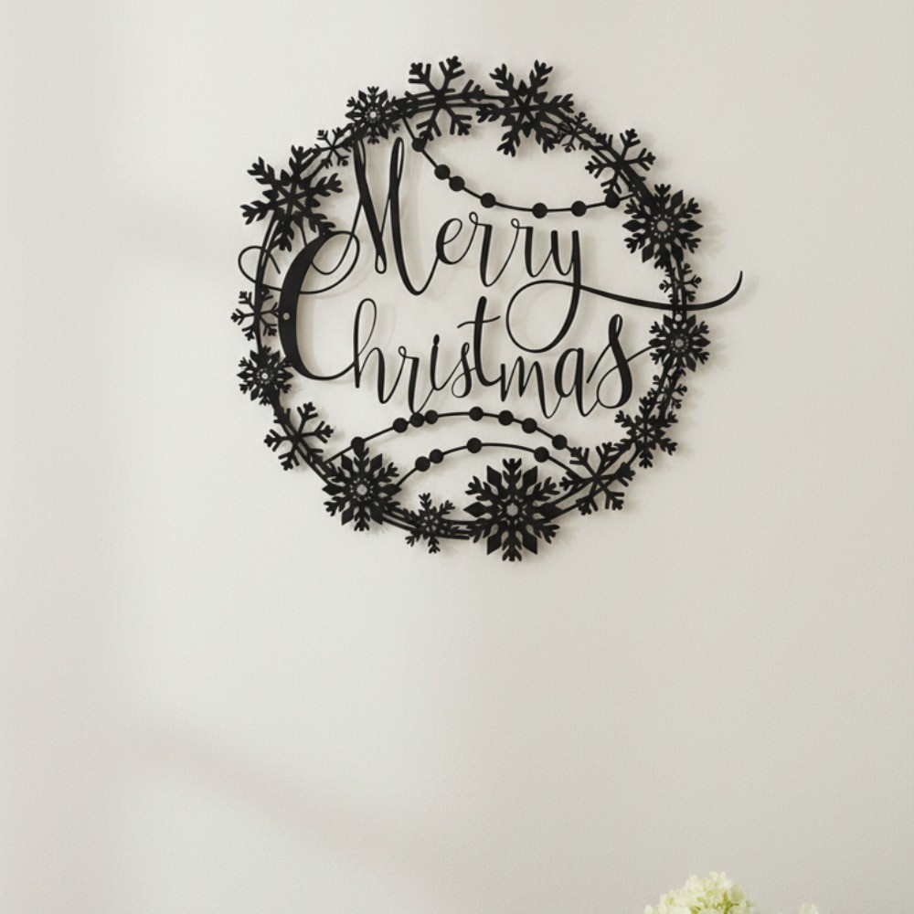 Merry Christmas Round Metal Wall Art – Festive Lettering Logo for Home Decor