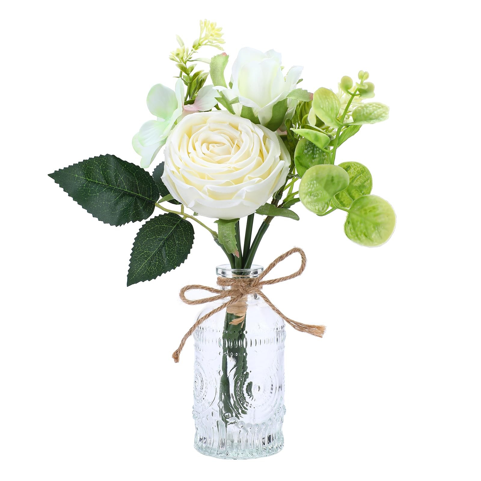 Faux White Silk Rose Flower Arrangement Small Vase Set Table Centerpiece Decor
