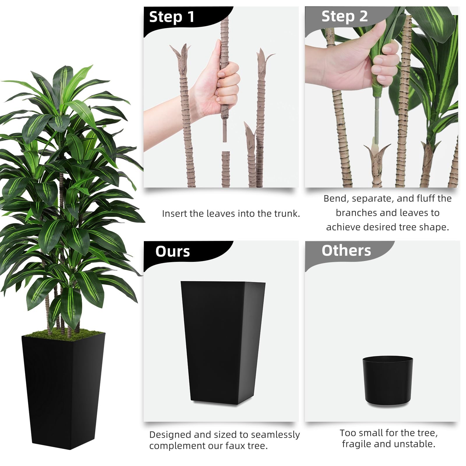 Artificial Dracaena Plant Indoor 5FT – Fake Tree with White Tall Planter – Fa…