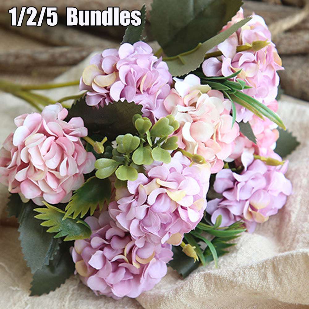 10 Heads Artificial Hydrangea Flowers Silk Bouquet UV Resistant In/Outdoor Decor