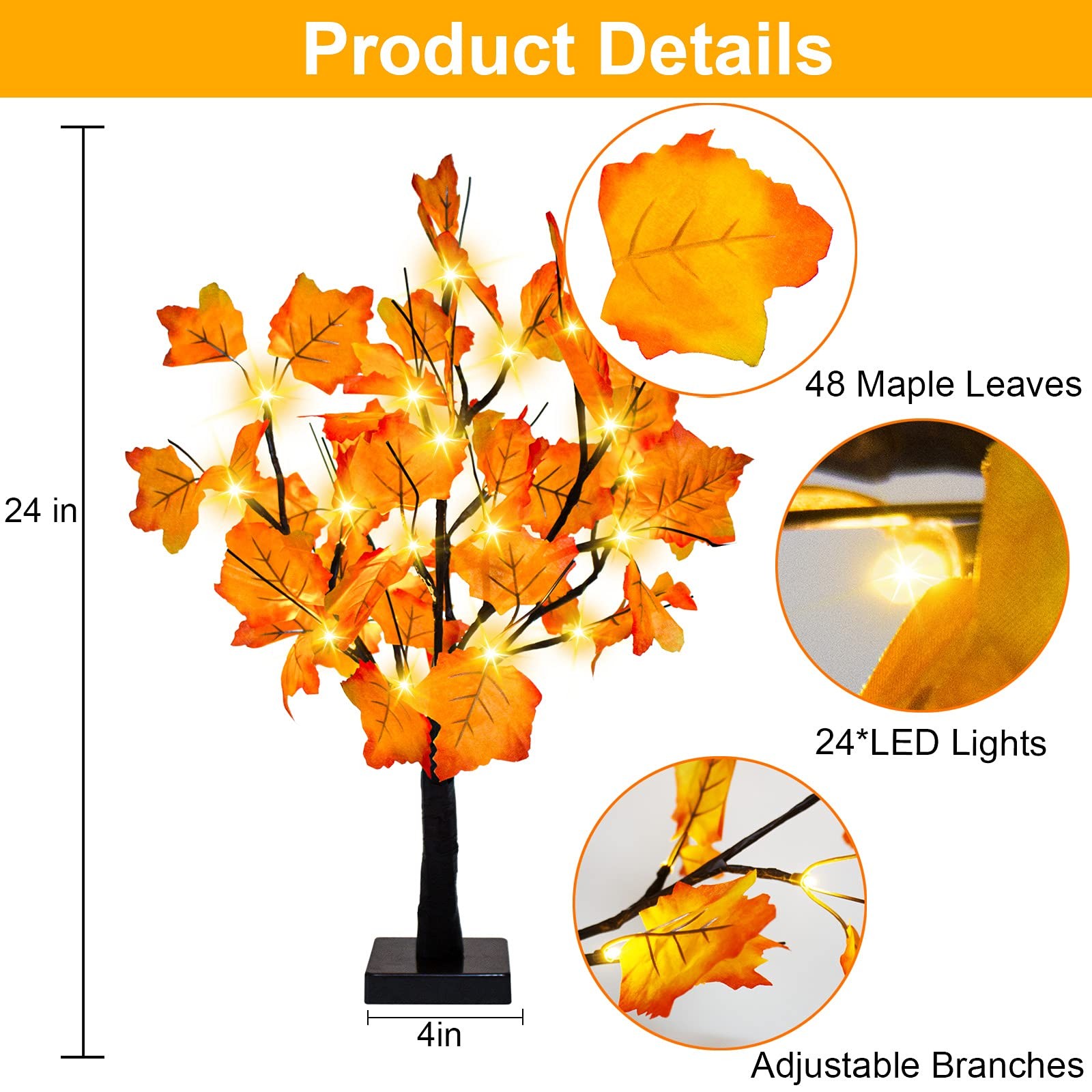 2 Pack 24-inch Fall Lighted Maple Tree, 48 LED Lights, Thanksgiving Decoratio…
