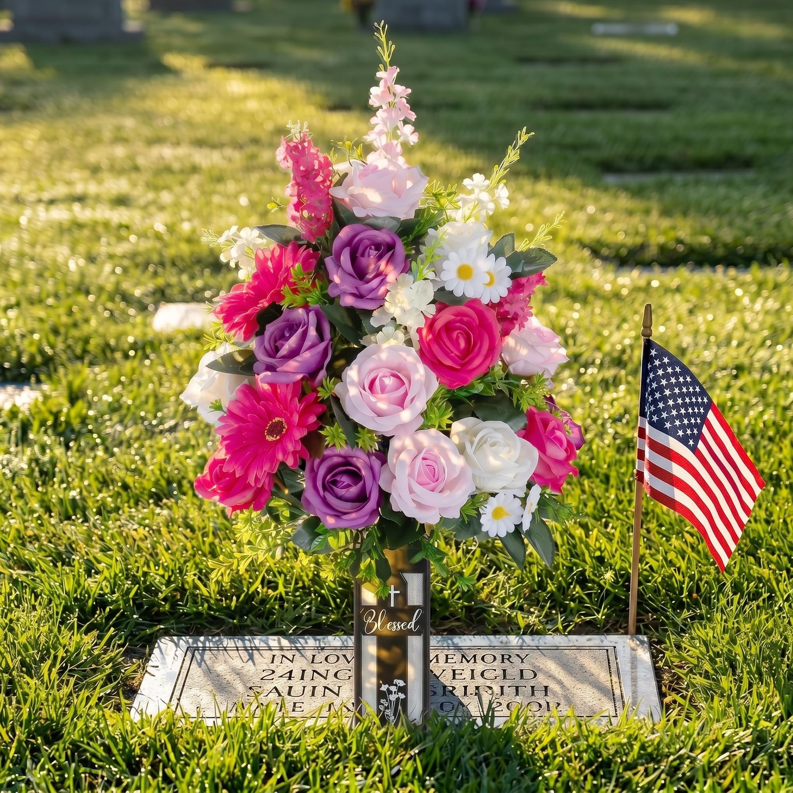 Cemetery Flowers for Grave Fake: Large 33 Heads Velvet Roses Memorial Day Flo…