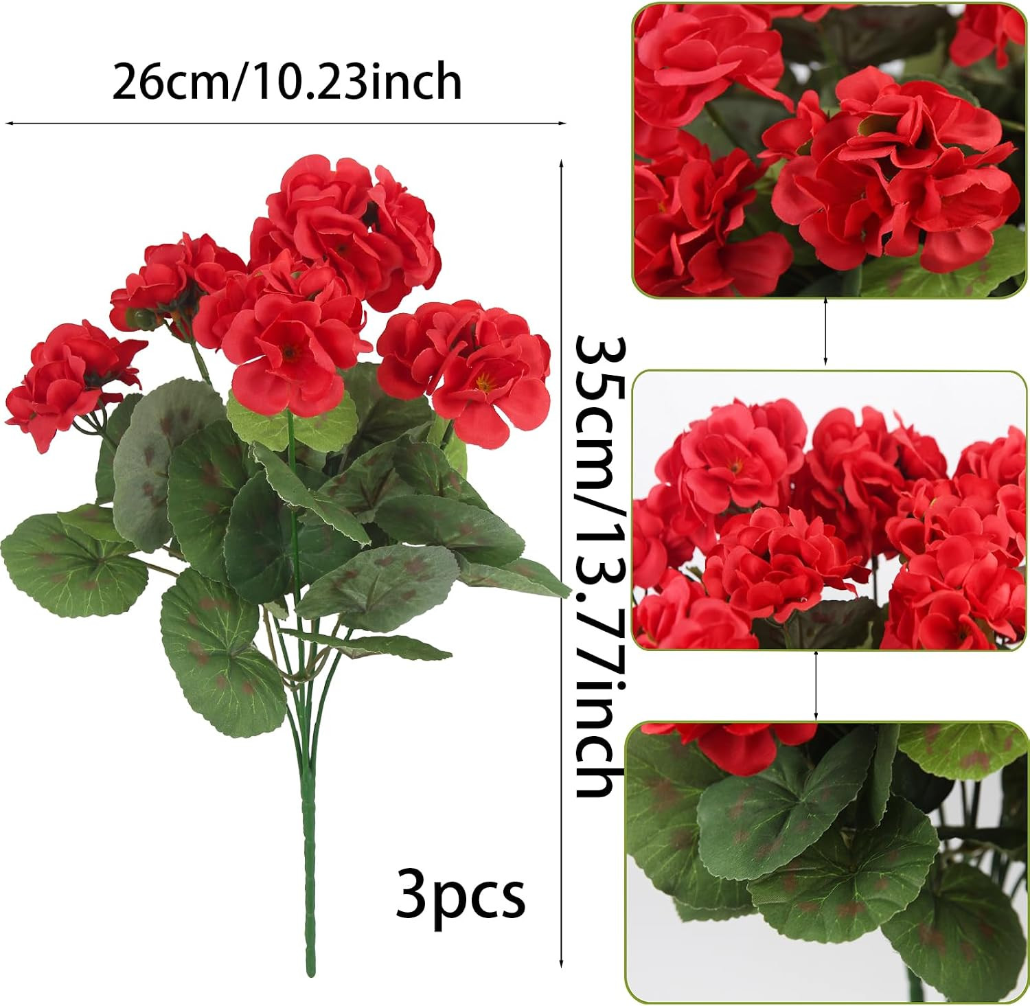 3 Pcs Artificial Geraniums Flowers Silk Geraniums for Outdoors UV Resistant Red
