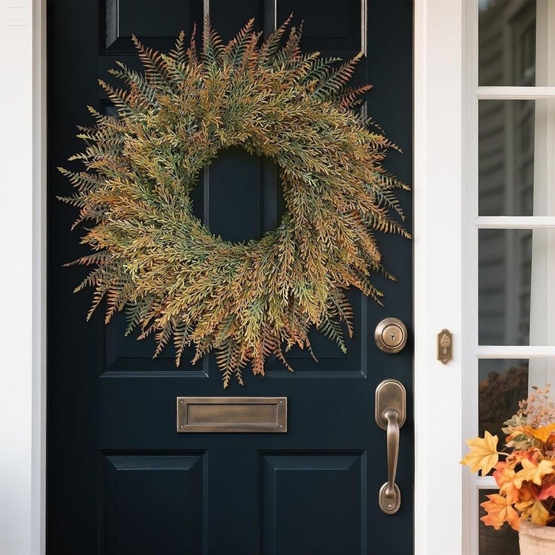 Full Autumn Wreath Door Decor Artificial Fern Wheat Grass Harvest Decoration New