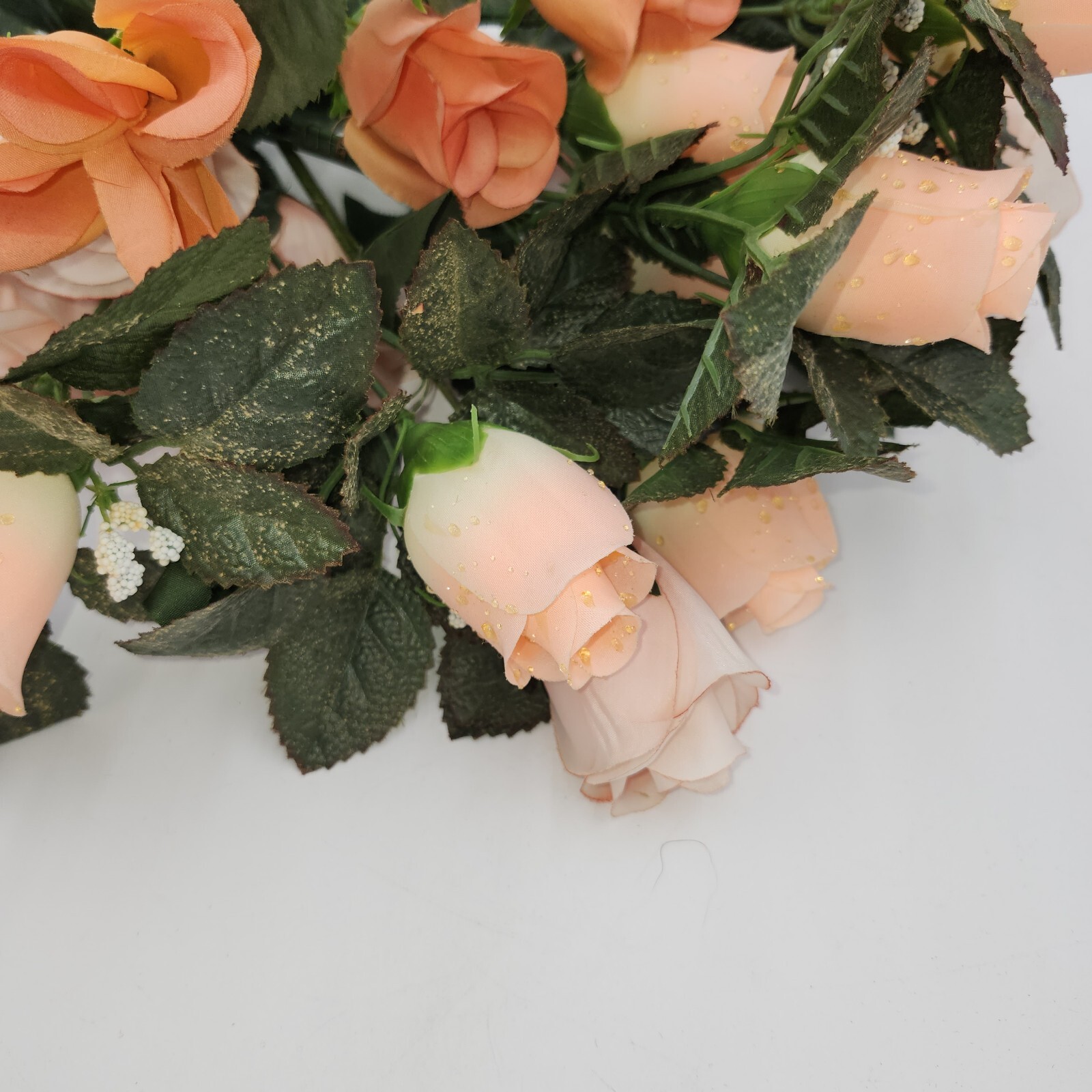 vintage faux fake artificial flowers peach roses w/raindrops 16″