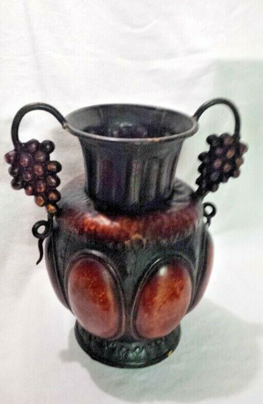Metal Ornate Vase 13.75″ w/ Artificial Floral Sprigs Heavy Decorative Container