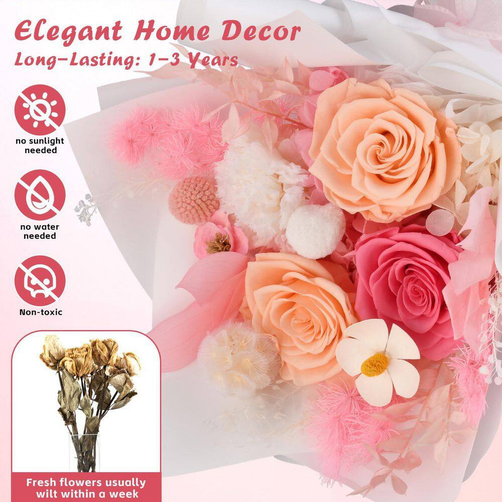 12.59-Inch Pink Artificial Preserved Rose Bouquet-Includes Gift Box and Greeting