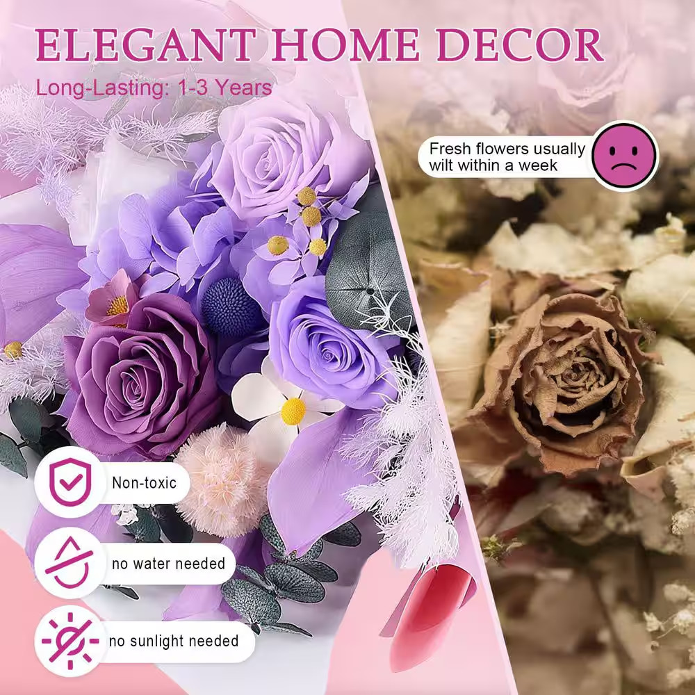 12.59 In. Purple Artificial Preserved Rose Bouquet-Includes Gift Box and Greetin