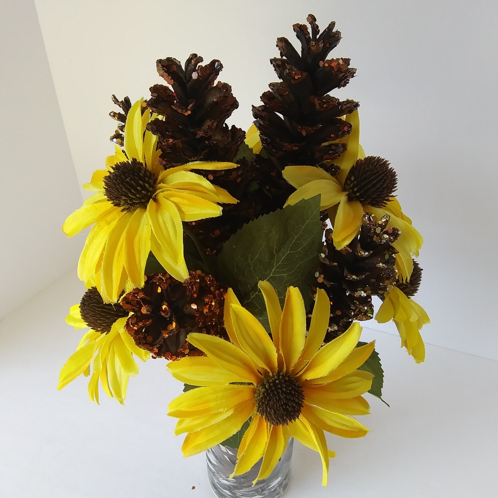 Artificial Yellow Sunflower & Pinecone Fall Arrangement in Cut Glass Vase Decor