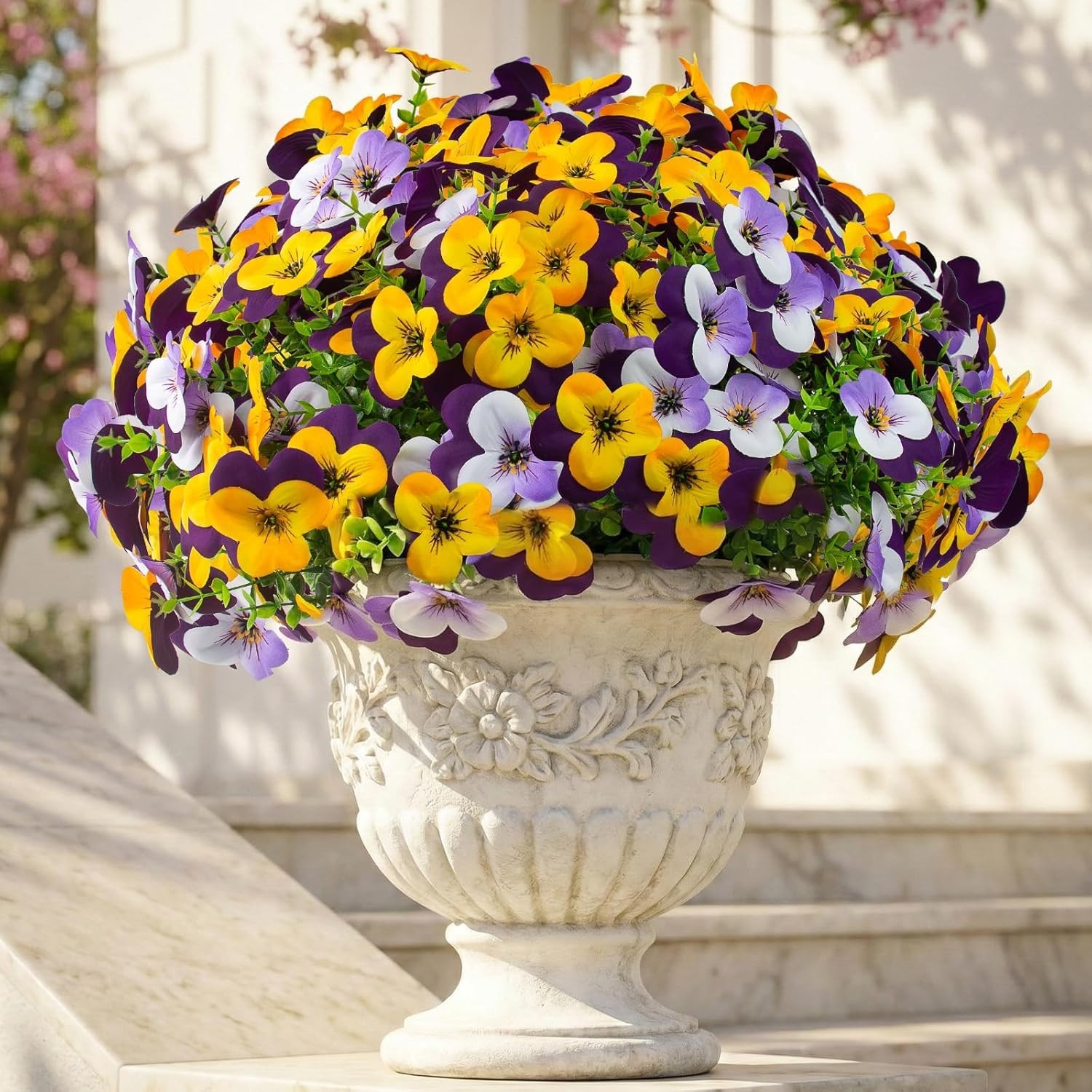32 Pcs Artificial Pansy Flowers for Outdoors UV Resistant Faux Silk Spring Fl