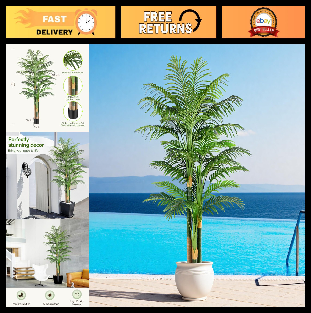 7ft Tall Triple Golden Cane Palm Tree – UV Resistant Fake Plant for Indoor/Outdo