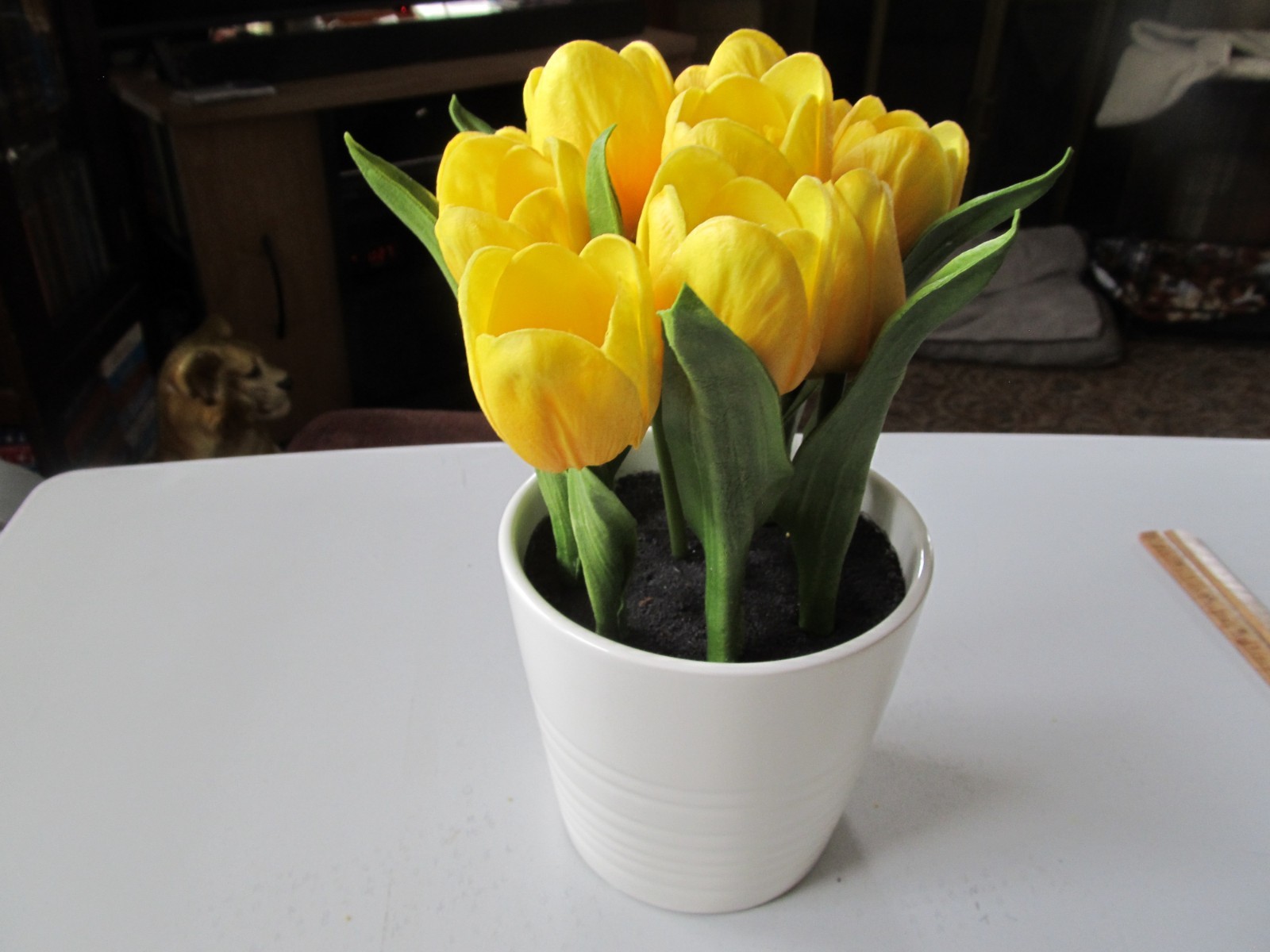 11 Faux Flowers Artificial Yellow Tulips with 5 Inch Ceramic Beige Vase