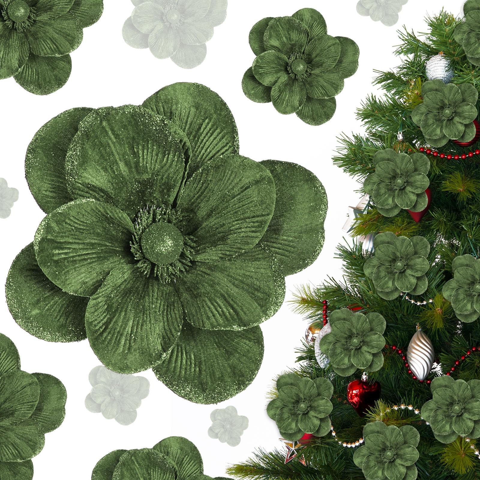 12 PCS Forest Green Large Velvet Christmas Poinsettia Magnolia Flowers Big