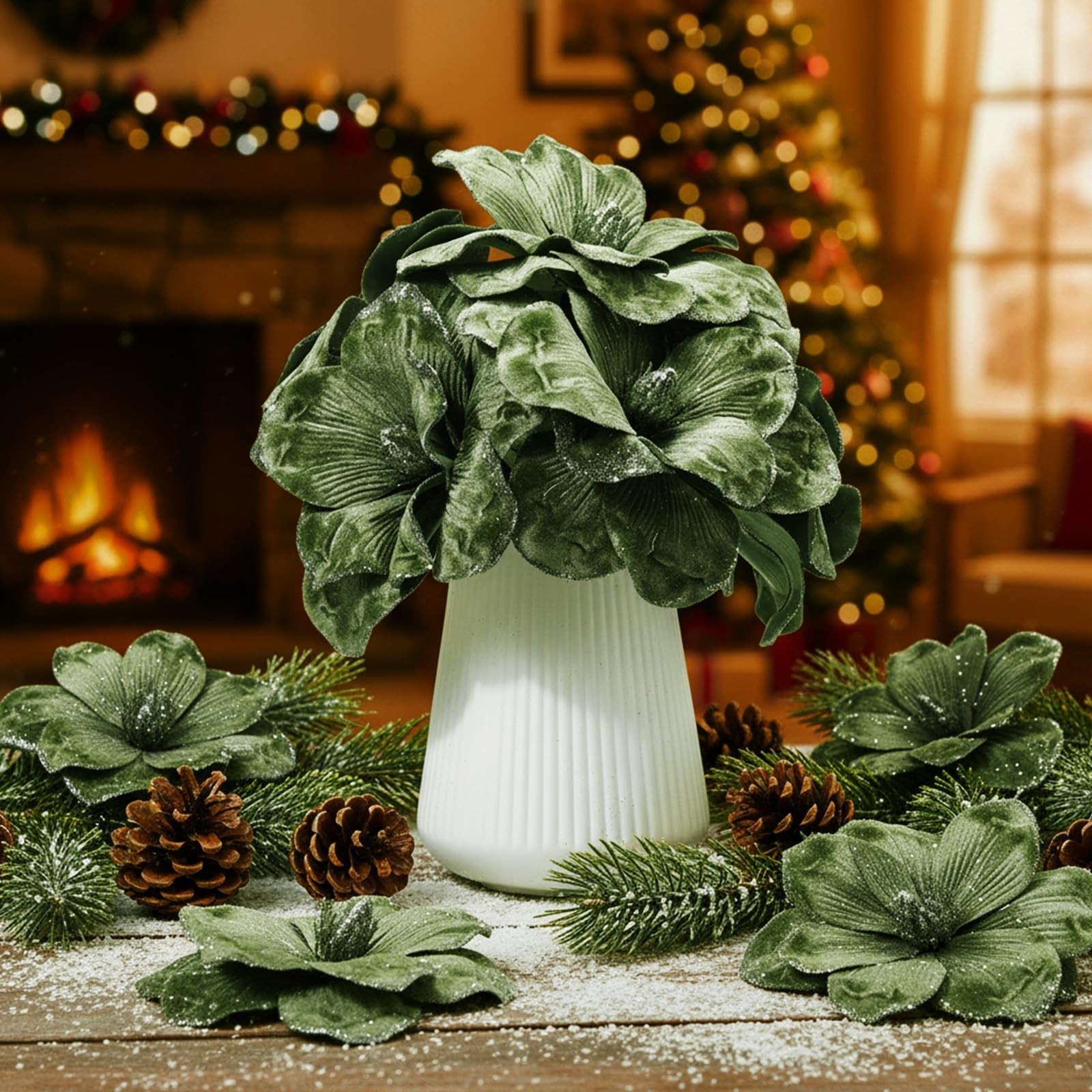 12 PCS Forest Green Large Velvet Christmas Poinsettia Magnolia Flowers Big