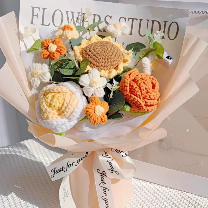 Handmade Crochet Flower Bouquet Decoration Flower Plush Ornament Gift