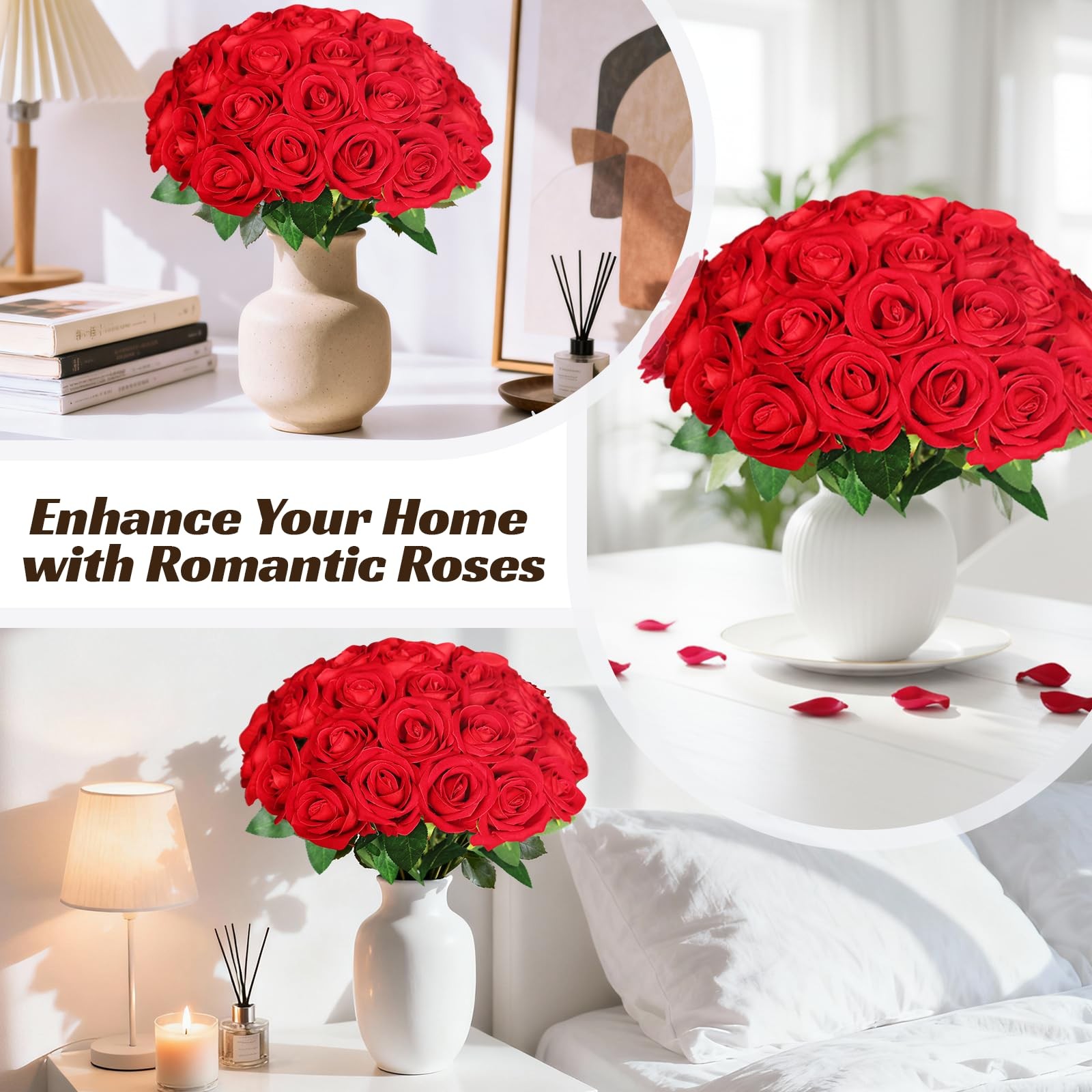 50 Pcs Fake Roses Red Artificial Flowers Bulk, Faux Velvet Silk Rose Bouquet …