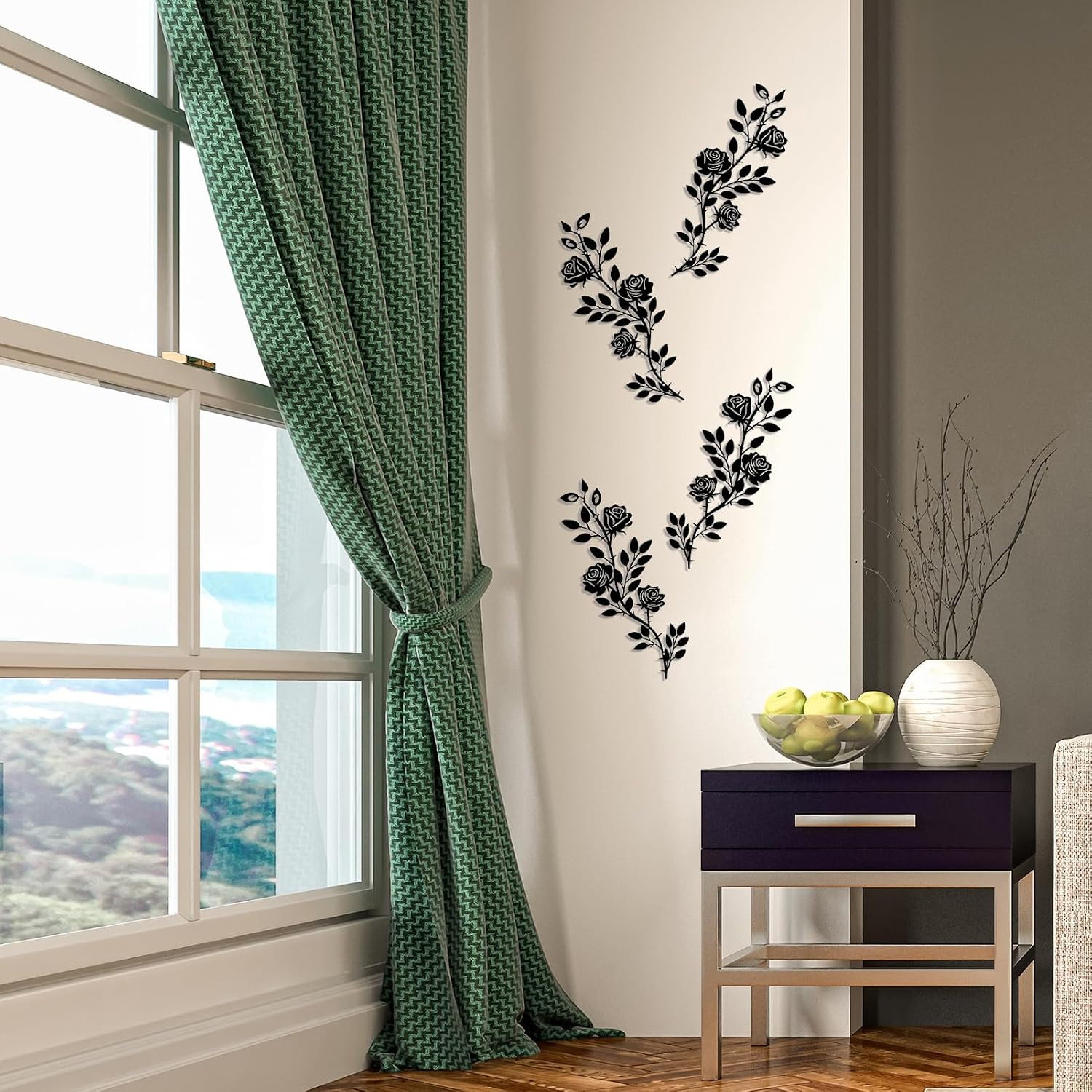 2Pcs Metal Rose Floral Wall Decor Art , Rustic Wrought Iron Plant