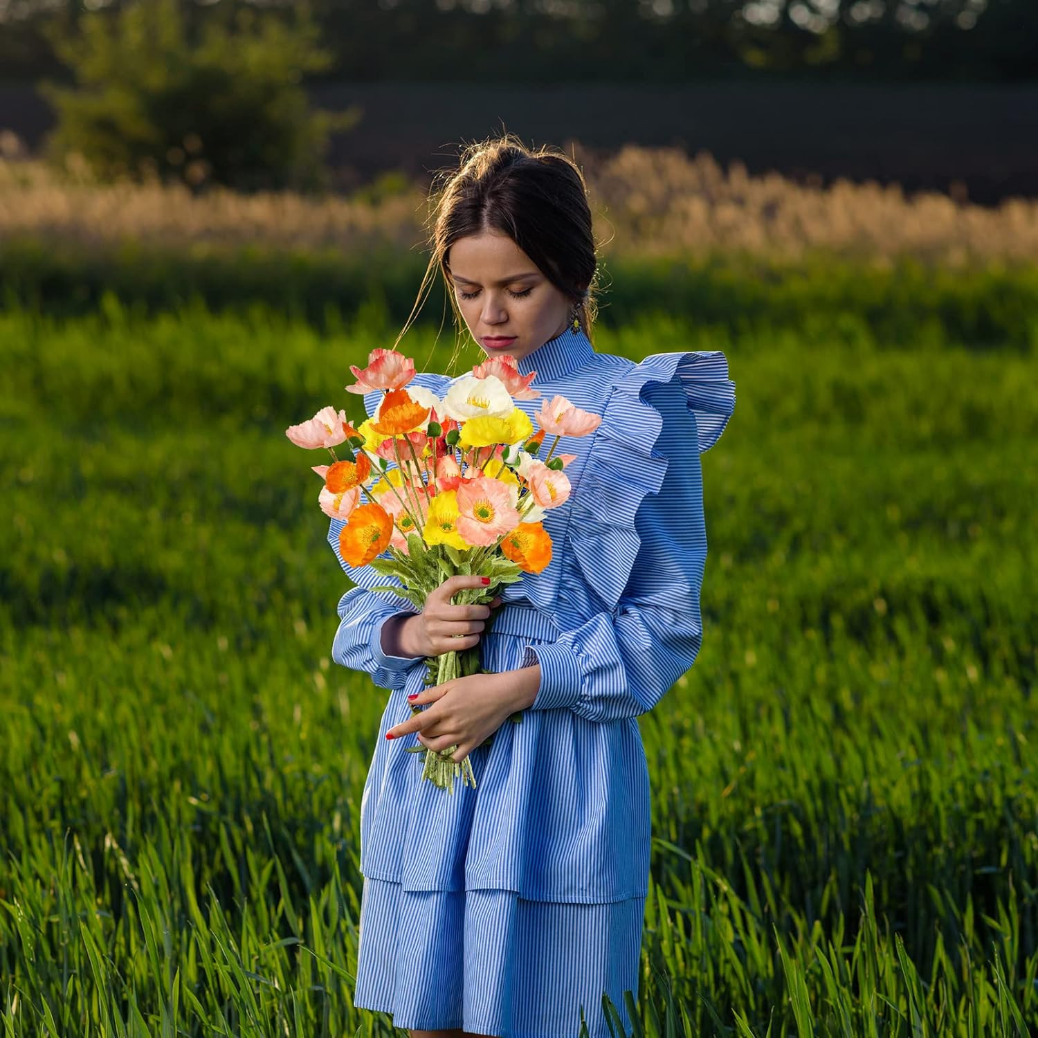 30 Pcs Silk Artificial Poppy Faux Poppy Spring Flowers for Home Kitchen Wedding